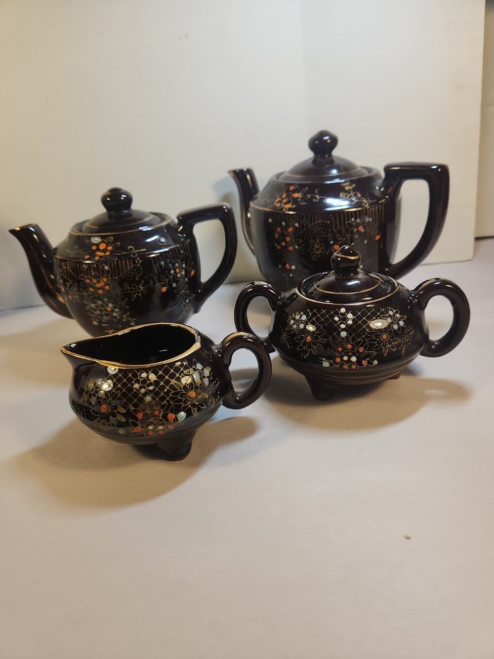 Vintage Red Ware Glazed Floral Tea Set/ 2 Teapots Sugar Bowl Creamer Japan